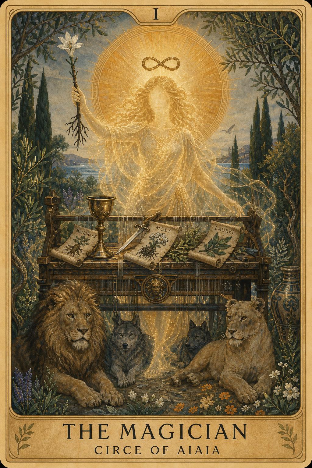 Circe standing at her bronze loom, holding golden thread, surrounded by lions and herbs